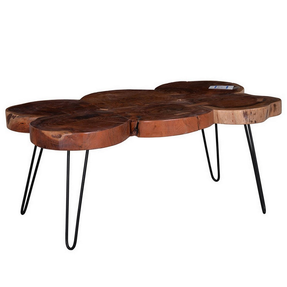 39 Inch Coffee Table, Acacia Wood Top, Angled Metal Support Legs, Brown  - BM311654