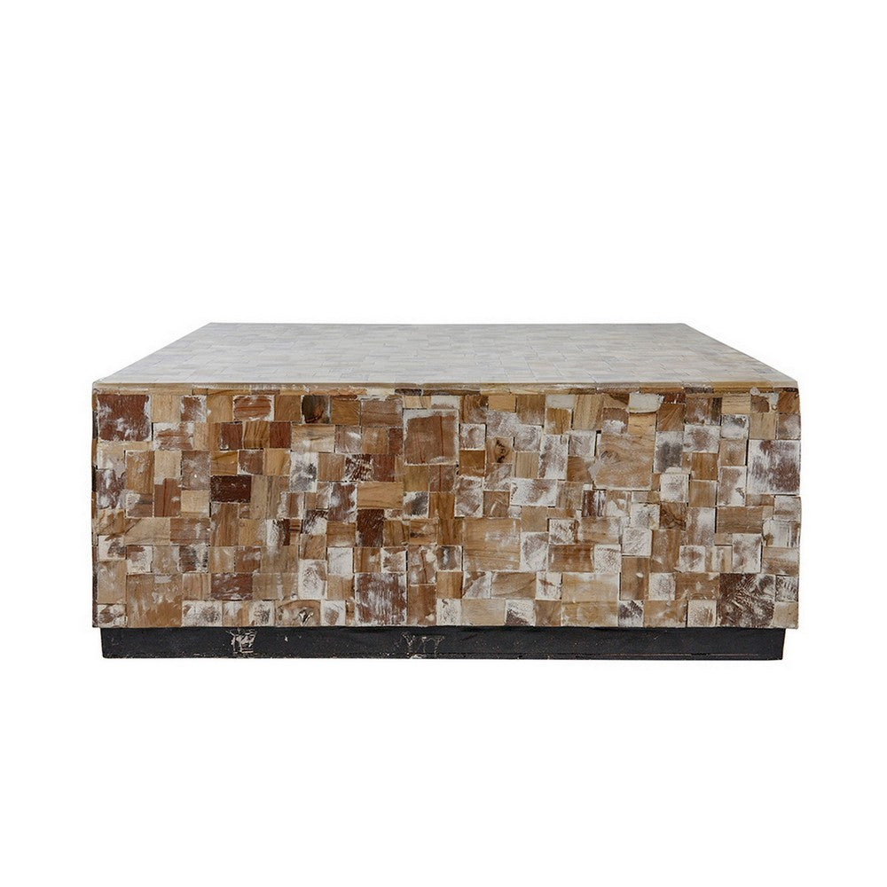 39 Inch Coffee Table, Square Shape Platform Base, Resin, Wood, Brown  - BM311656