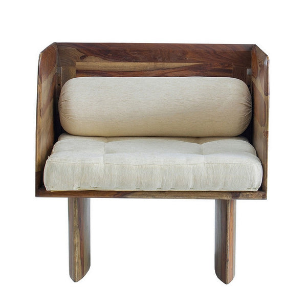 30 Inch Accent Chair, Panel-Style Legs, Tufted, Brown Wood, Beige Cotton - BM311659