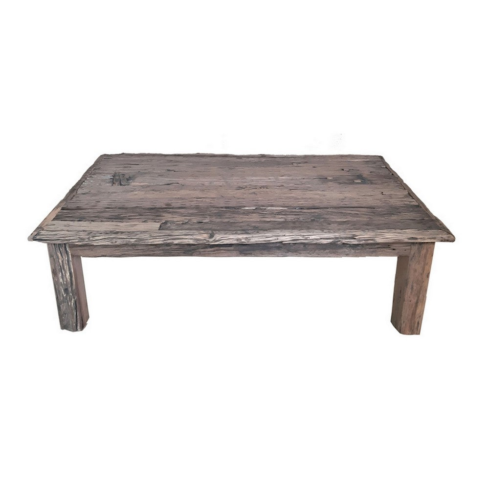 59 Inch Rustic Coffee Table, Rectangular Top, Old Antique Wood, Brown - BM311662