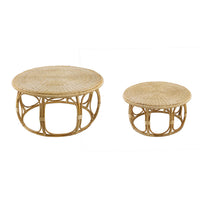 32, 40 Inch Coffee Table Set of 2, Round Tops, Handwoven Rattan, Brown - BM311665