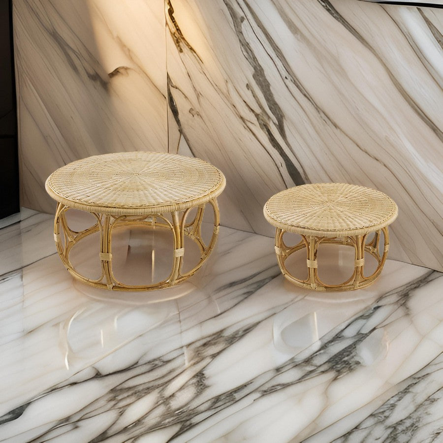 Benzara 32, 40 Inch Coffee Table Set of 2, Round Tops, Handwoven