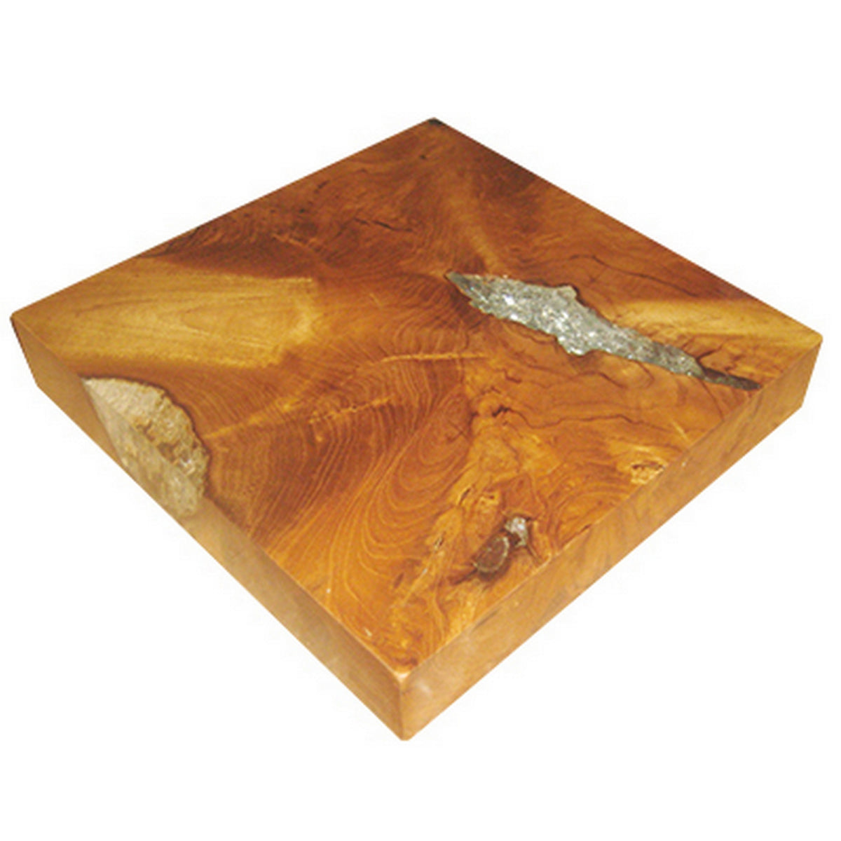 11 Inch Tabletop Platform, Resin Details, Square, Natural Brown Teak Wood - BM311666