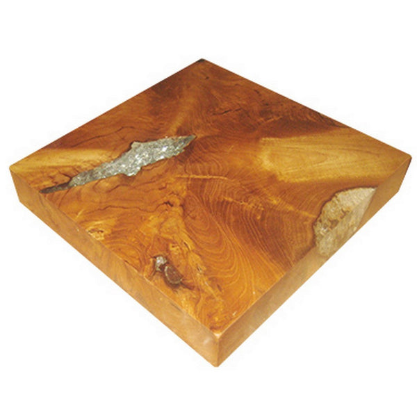 11 Inch Tabletop Platform, Resin Details, Square, Natural Brown Teak Wood - BM311666