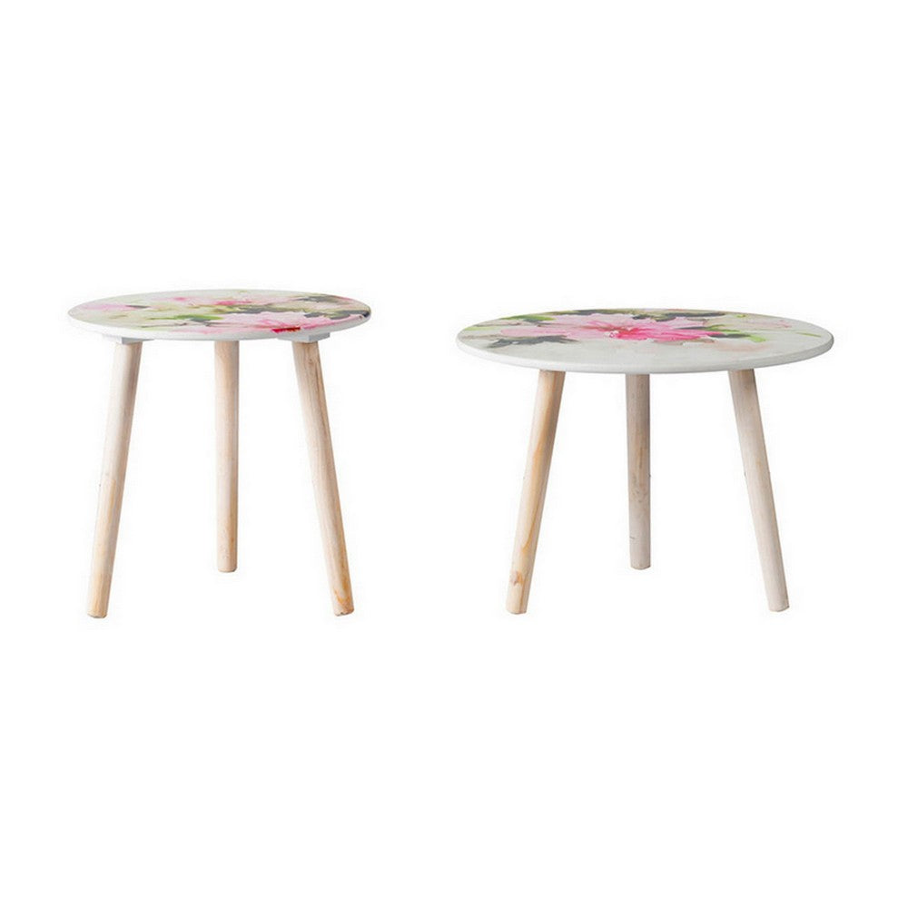 Byle 16, 20 Inch Side Table Set of 2, Floral Design, Pink and White - BM311668