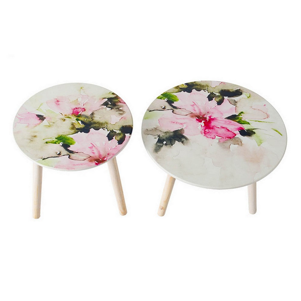 Byle 16, 20 Inch Side Table Set of 2, Floral Design, Pink and White - BM311668