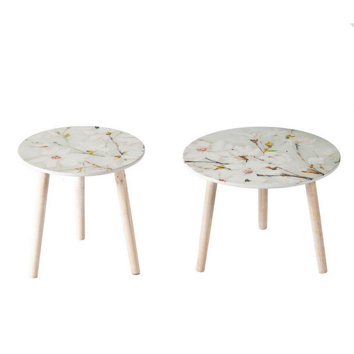 Byle 16, 20 Inch Side Table Set of 2, Floral Design, Cherry Blossom, White - BM311670