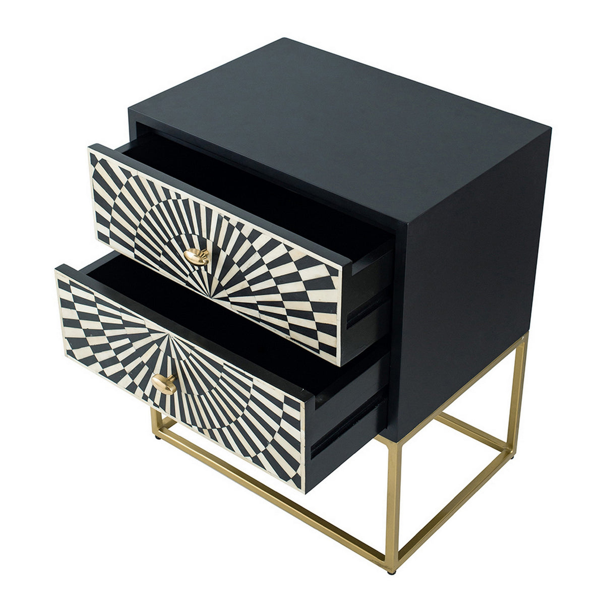 24 Inch Sideboard Cabinet, 2 Drawers, Sunray Bone Inlay, Iron, Brass, Black - BM311671