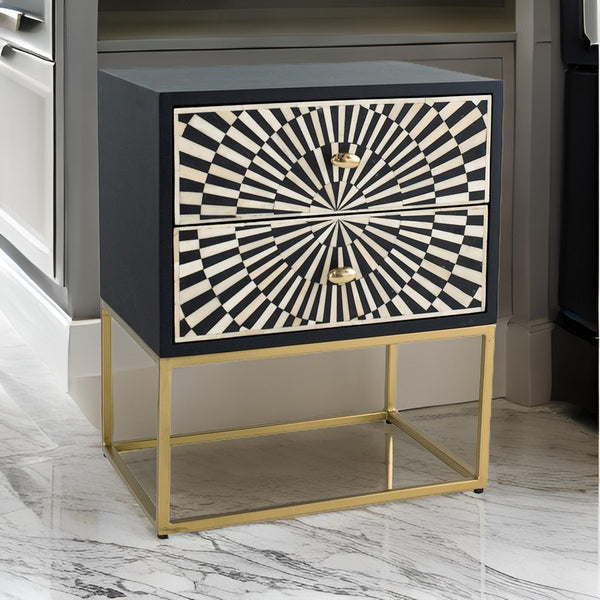 24 Inch Sideboard Cabinet, 2 Drawers, Sunray Bone Inlay, Iron, Brass, Black - BM311671