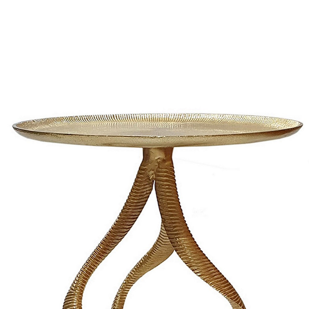 24 Inch Accent Side Table, Antler Base Design, Ribbed Top, Aluminium, Gold - BM311672