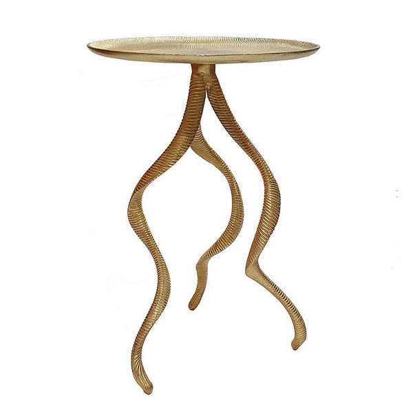 24 Inch Accent Side Table, Antler Base Design, Ribbed Top, Aluminium, Gold - BM311672