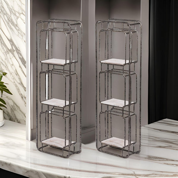 36 Inch Shelves Set of 2, 3 Tier Design, Iron Frame, Wood, Gray Finish - BM311673