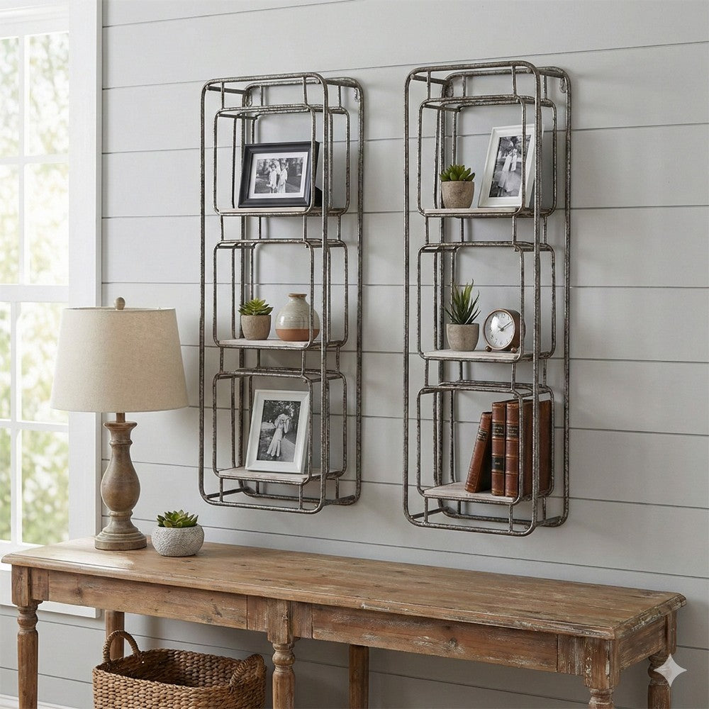 36 Inch Shelves Set of 2, 3 Tier Design, Iron Frame, Wood, Gray Finish - BM311673