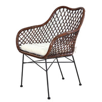 25 Inch Palapa Side Chair, Cushion, Rattan Cane, Iron Legs, White, Black - BM311675