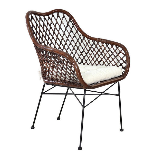 25 Inch Palapa Side Chair, Cushion, Rattan Cane, Iron Legs, White, Black - BM311675