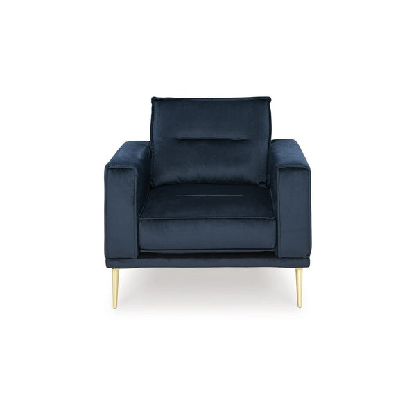 Maca 35 Inch Accent Chair, Navy Blue Polyester and Brass Metal Legs - BM311719