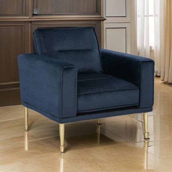 Maca 35 Inch Accent Chair, Navy Blue Polyester and Brass Metal Legs - BM311719