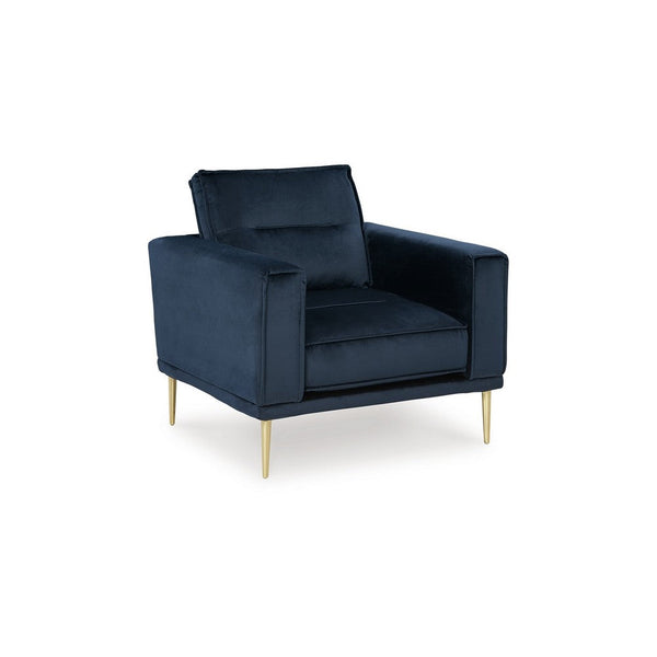Maca 35 Inch Accent Chair, Navy Blue Polyester and Brass Metal Legs - BM311719