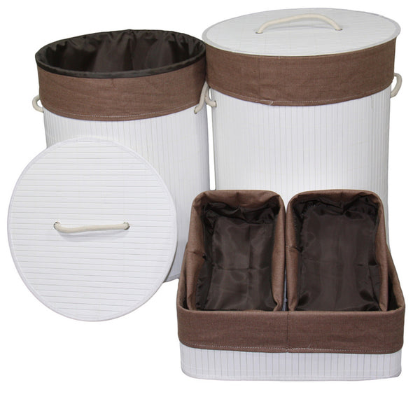 5 Piece Laundry Basket and Tray Set, Round Folding Brown Bamboo, White - BM311746