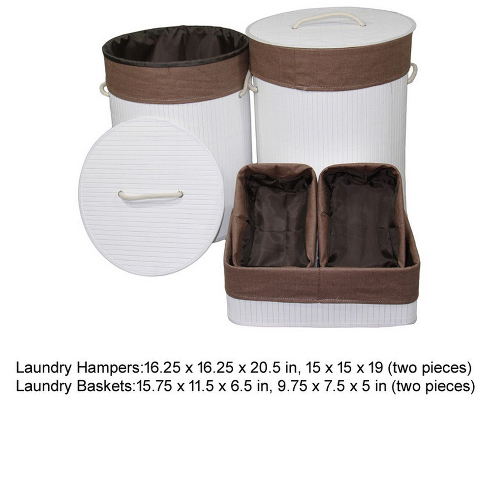 5 Piece Laundry Basket and Tray Set, Round Folding Brown Bamboo, White - BM311746