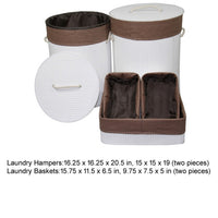 5 Piece Laundry Basket and Tray Set, Round Folding Brown Bamboo, White - BM311746