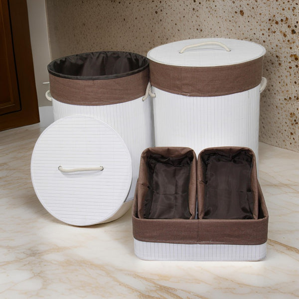 5 Piece Laundry Basket and Tray Set, Round Folding Brown Bamboo, White - BM311746