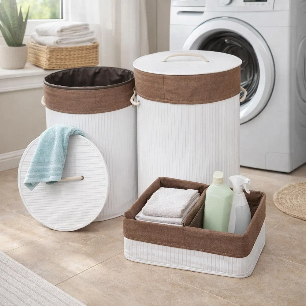 5 Piece Laundry Basket and Tray Set, Round Folding Brown Bamboo, White - BM311746