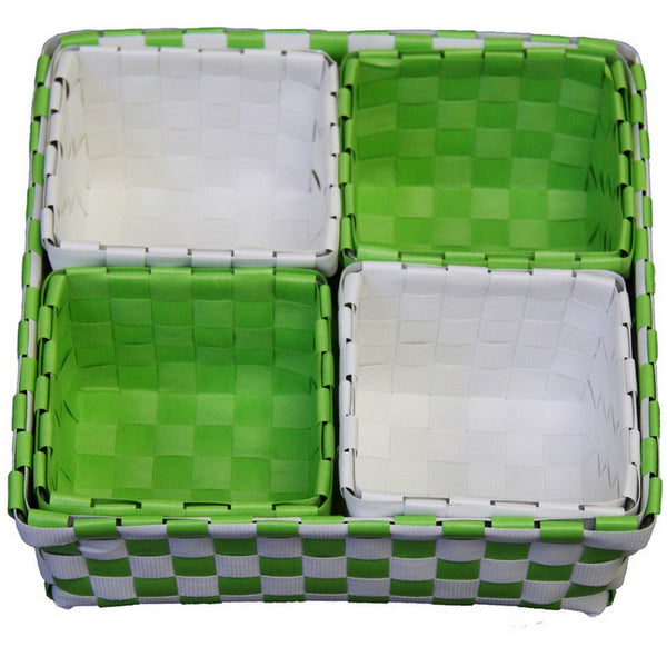 5 Piece Basket and Trays, Hand Woven, Checkered Pattern, Green and White - BM311747