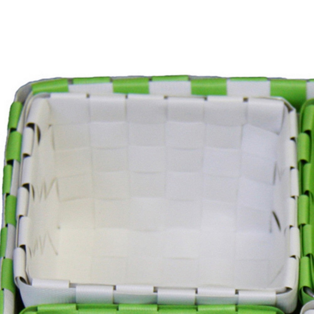 5 Piece Basket and Trays, Hand Woven, Checkered Pattern, Green and White - BM311747