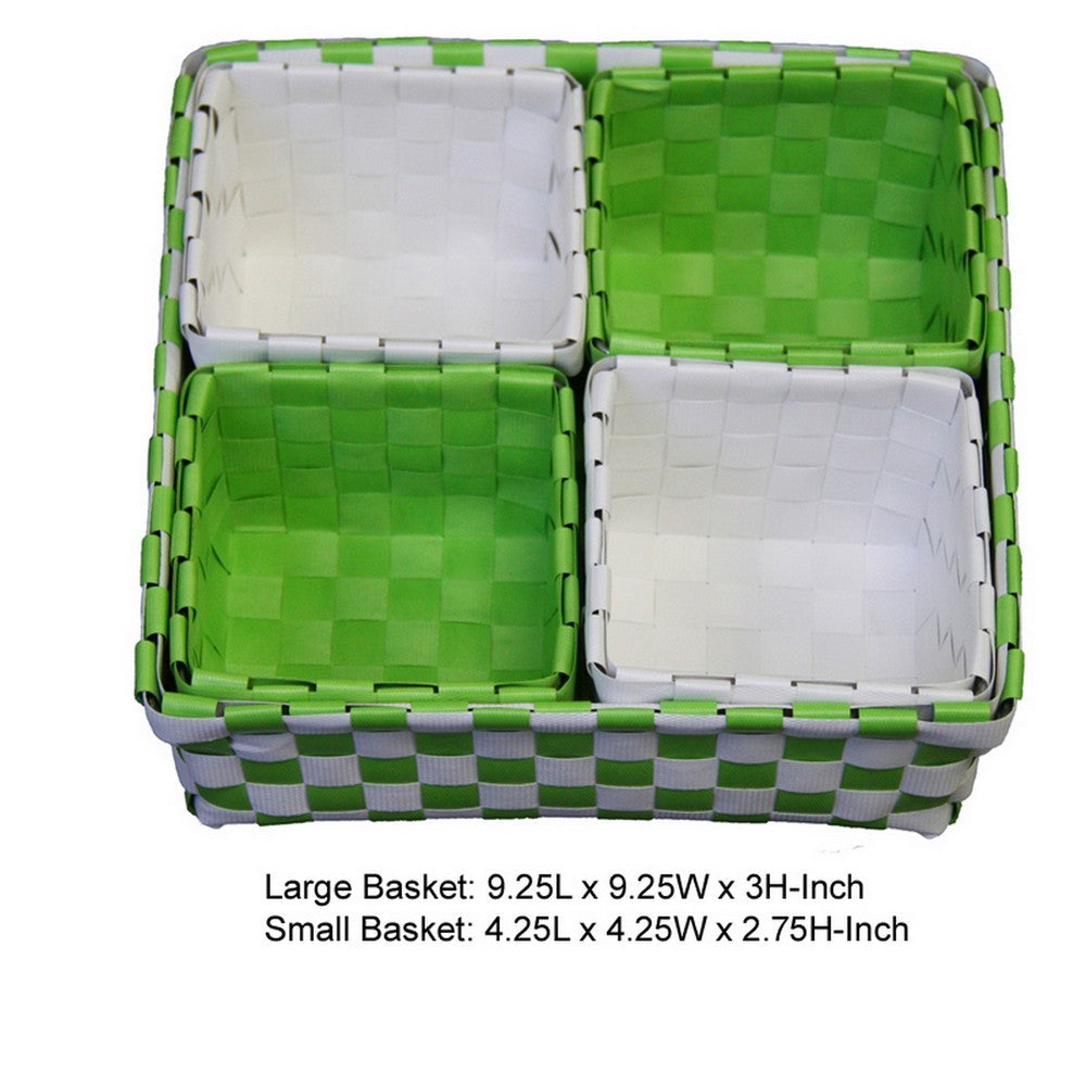 5 Piece Basket and Trays, Hand Woven, Checkered Pattern, Green and White - BM311747