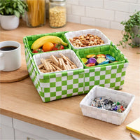 5 Piece Basket and Trays, Hand Woven, Checkered Pattern, Green and White - BM311747