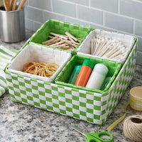 5 Piece Basket and Trays, Hand Woven, Checkered Pattern, Green and White - BM311747
