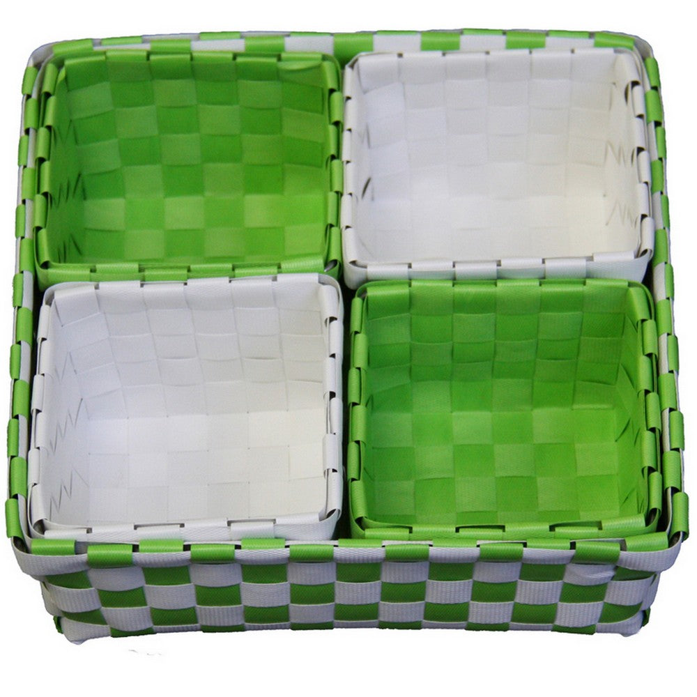 5 Piece Basket and Trays, Hand Woven, Checkered Pattern, Green and White - BM311747