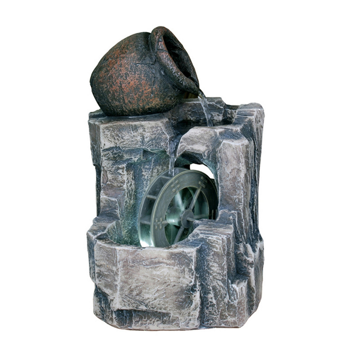 Tay 12 Inch Tabletop Water Fountain, Wheel Mill, LED Lighting, Rustic Gray - BM311749