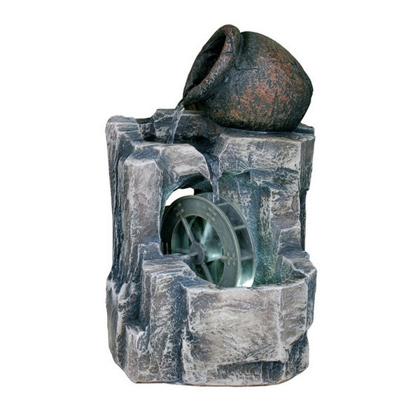 Tay 12 Inch Tabletop Water Fountain, Wheel Mill, LED Lighting, Rustic Gray - BM311749