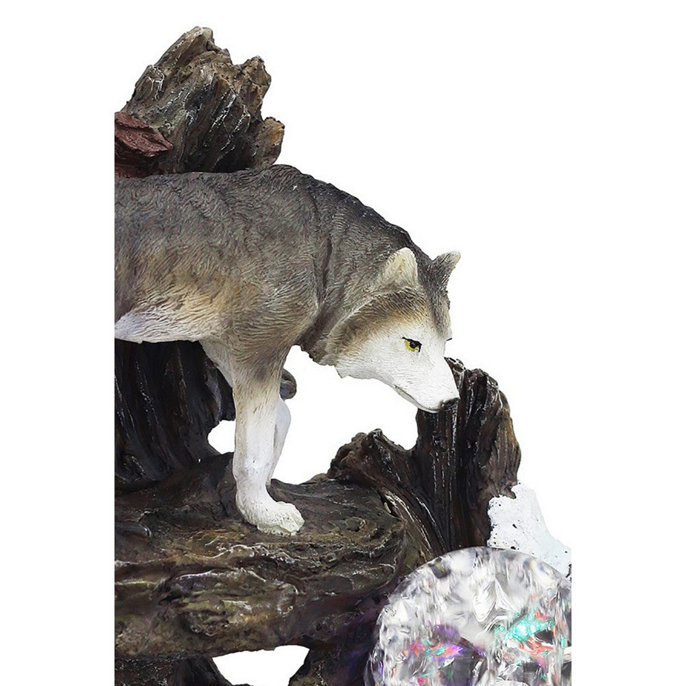 Eci 10 Inch Wolf Tabletop Water Fountain, LED Lights, Painted Gray Finish - BM311755