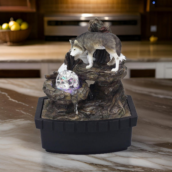 Eci 10 Inch Wolf Tabletop Water Fountain, LED Lights, Painted Gray Finish - BM311755