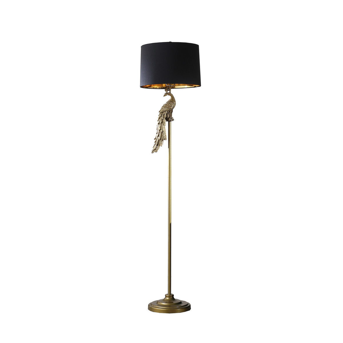 65 Inch Floor Lamp, Peacock, Linen Drum Shade, Pedestal Branch, Gold Finish - BM311757