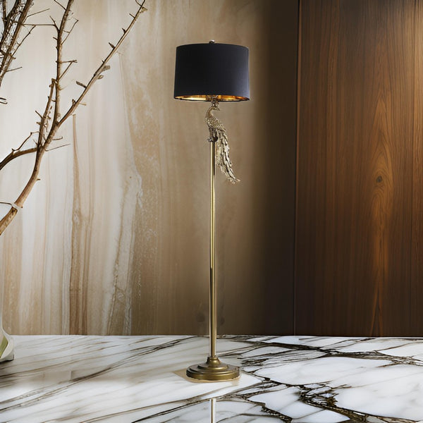 65 Inch Floor Lamp, Peacock, Linen Drum Shade, Pedestal Branch, Gold Finish - BM311757