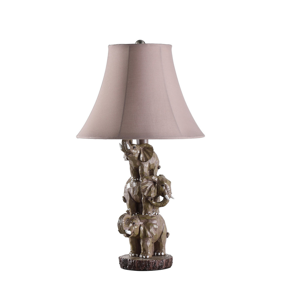 21 Inch Accent Table Lamp, 3 Stacked Elephants, Linen Bell Shade Brown Gray - BM311759