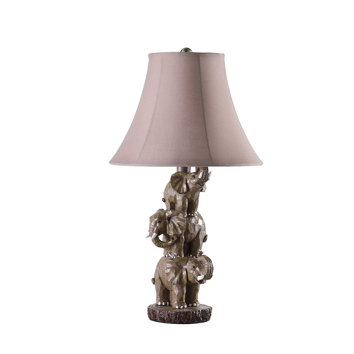 21 Inch Accent Table Lamp, 3 Stacked Elephants, Linen Bell Shade Brown Gray - BM311759