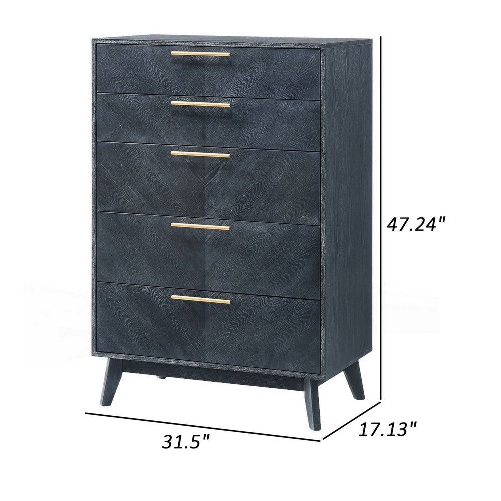 Cid Coy 47 Inch Tall Dresser Chest, 5 Drawer, Gold Metal, Ash Gray Wood - BM311766