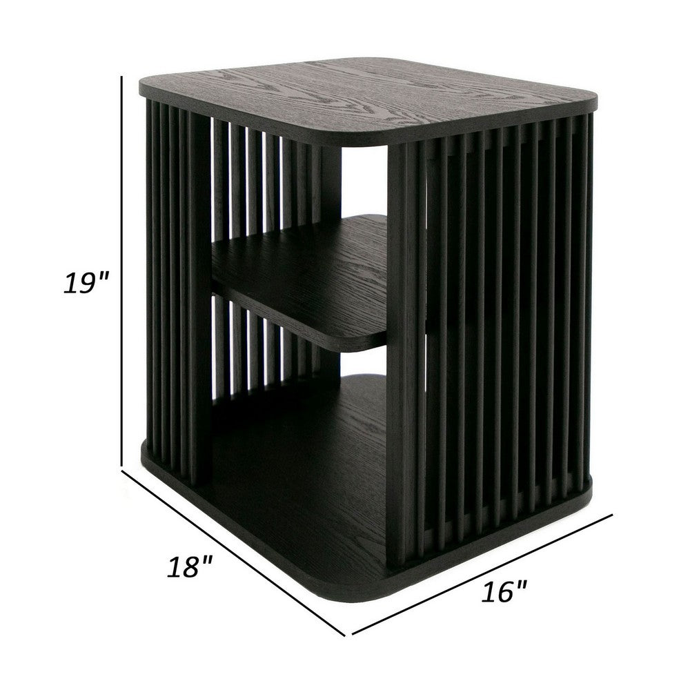 19 Inch Side End Table, 3 Shelves, Modern Vertical Slats, Black Ash Wood - BM311774
