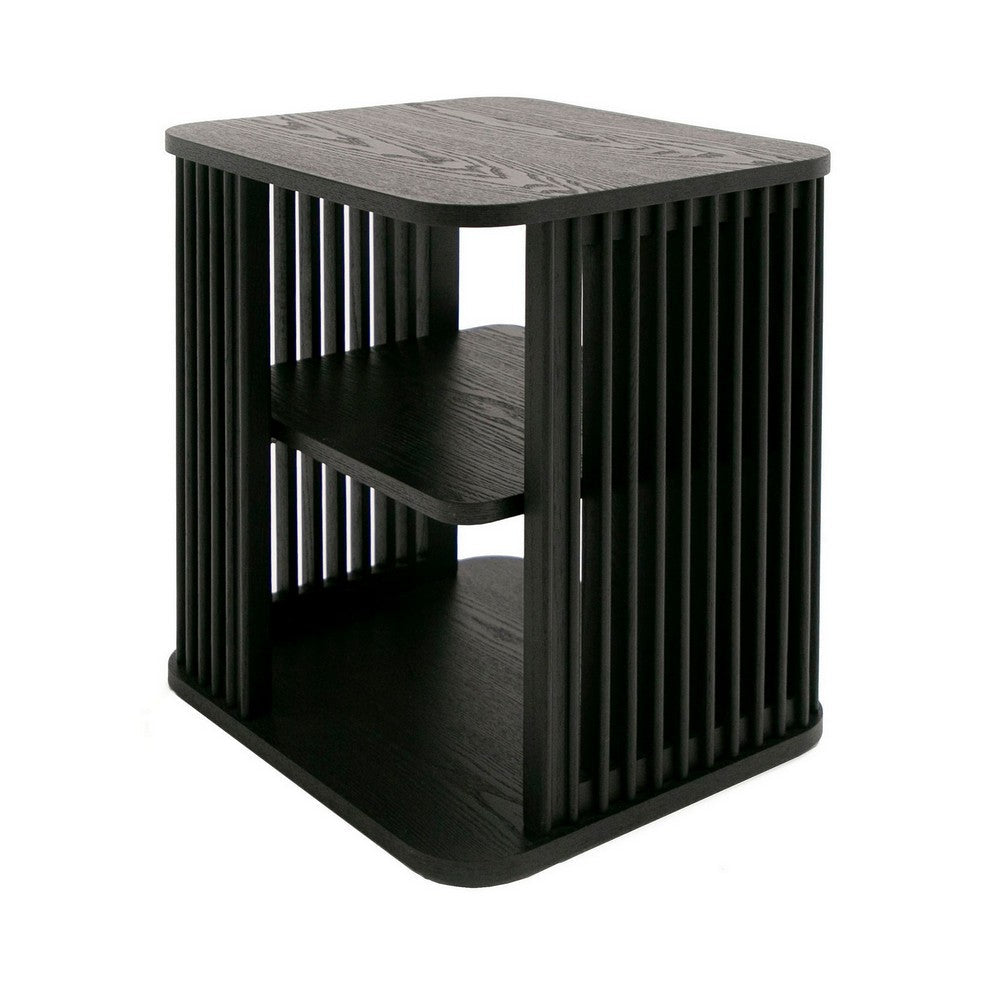 19 Inch Side End Table, 3 Shelves, Modern Vertical Slats, Black Ash Wood - BM311774