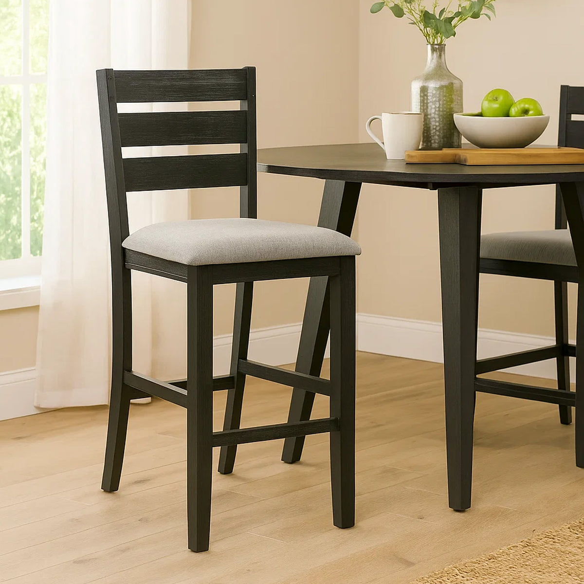Woodlands 24 Inch Counter Height Chairs, Set of 2, Wheat Fabric Upholstered Seat, Black - BM311785