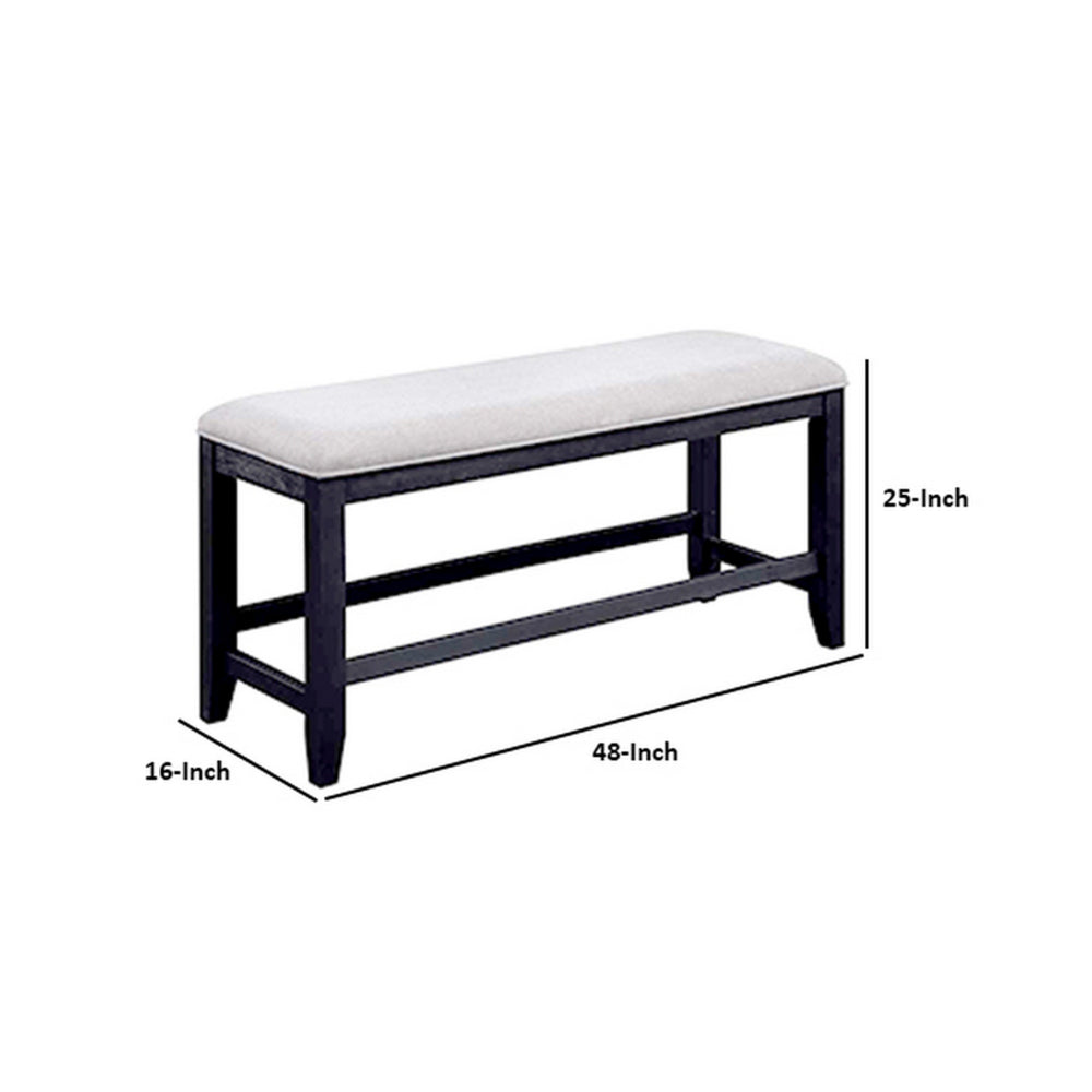 Edward 48 Inch Counter Height Dining Bench, White Fabric and Black Wood - BM311791