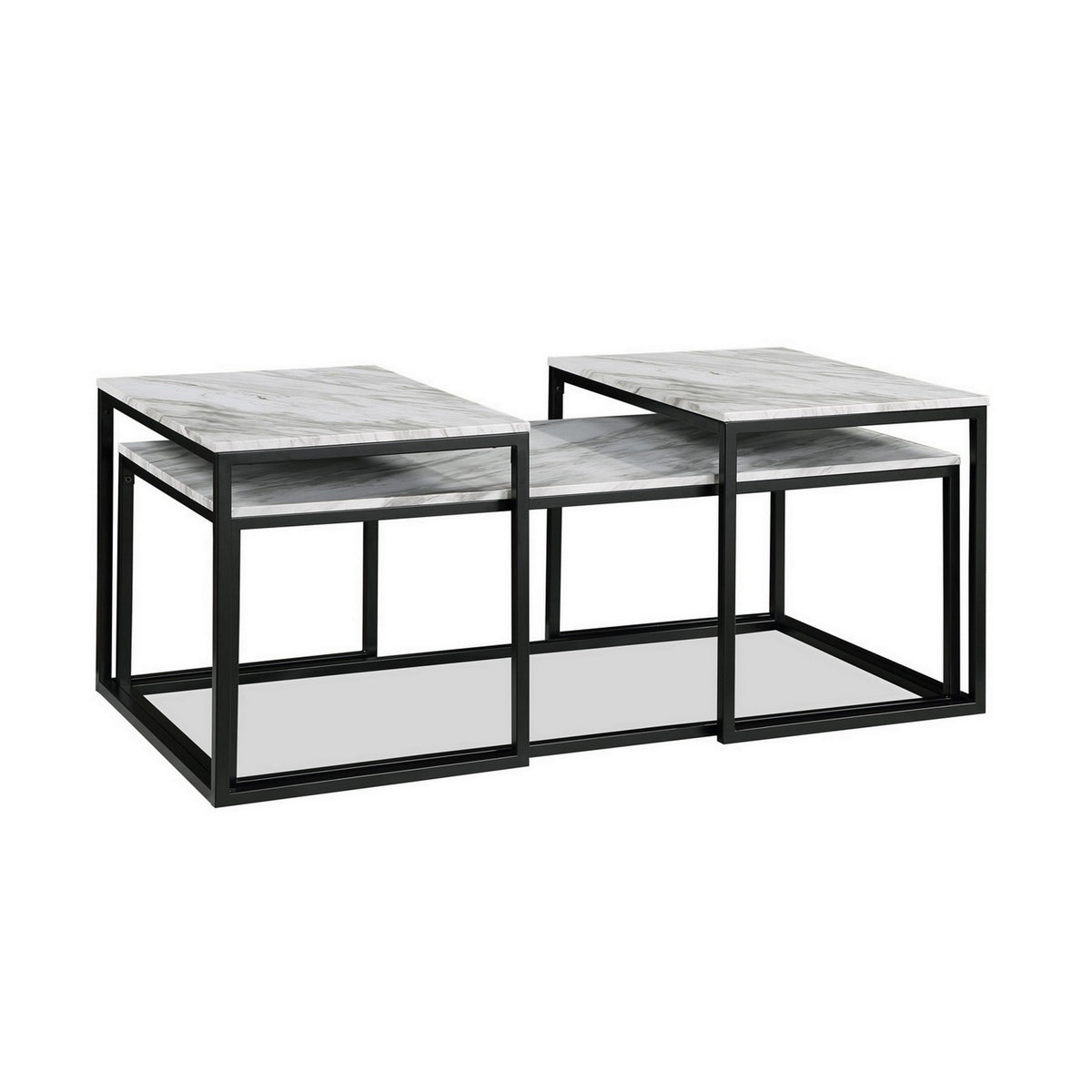 Rebecca 3pc Nesting Coffee and End Table Set, Black Metal, White Marble Top - BM311800