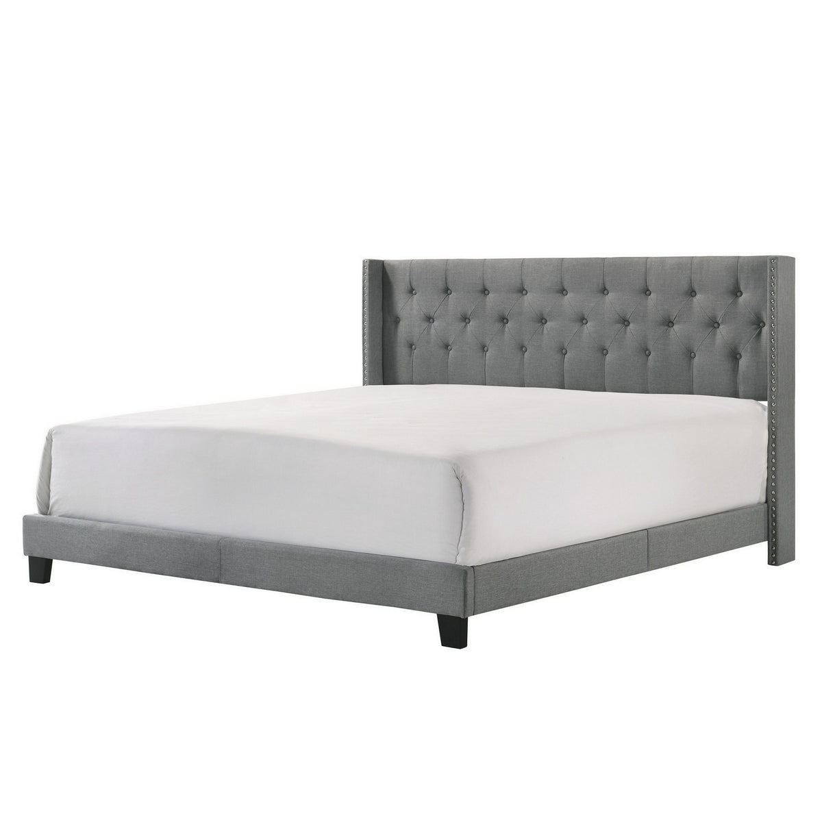 Lih California King Bed, Wingback Tufted Headboard, Wood Legs, Gray - BM311801