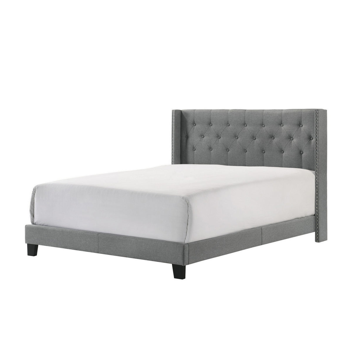 Lih Full Bed, Tufted Headboard, Wood Frame, Fabric, Black Legs, Gray - BM311802