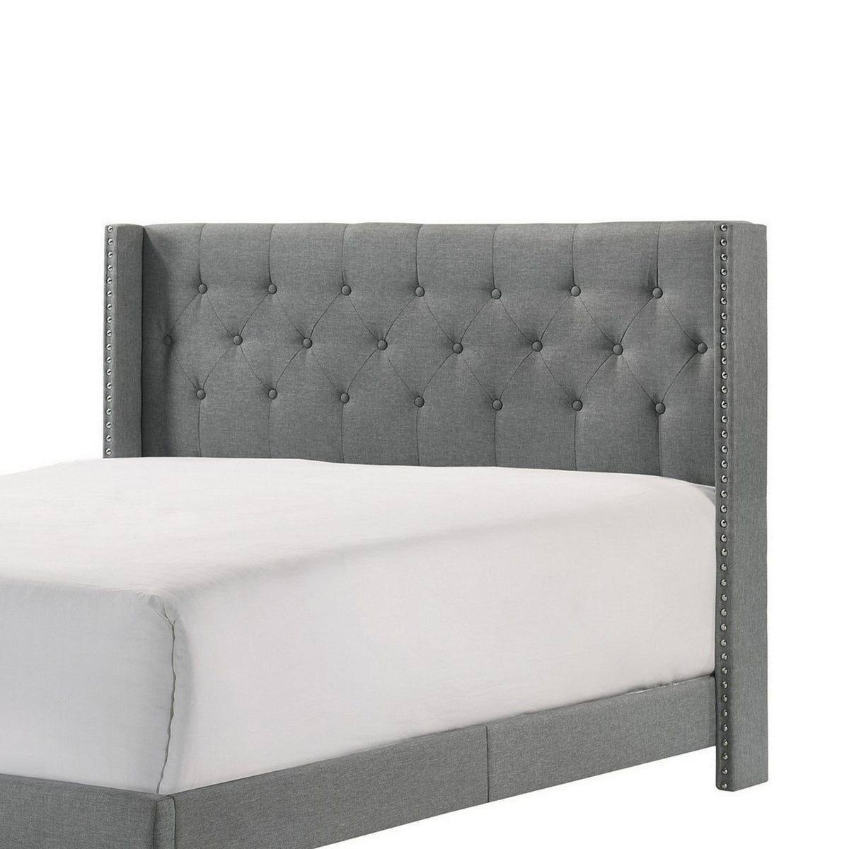 Lih Full Bed, Tufted Headboard, Wood Frame, Fabric, Black Legs, Gray - BM311802